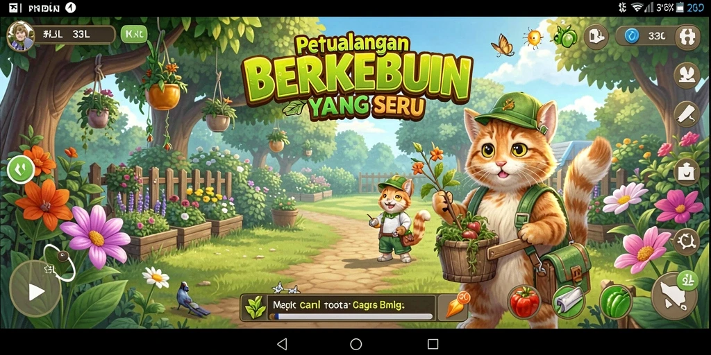 Screenshot gameplay 33L yang menampilkan kebun yang indah dan hewan ternak.