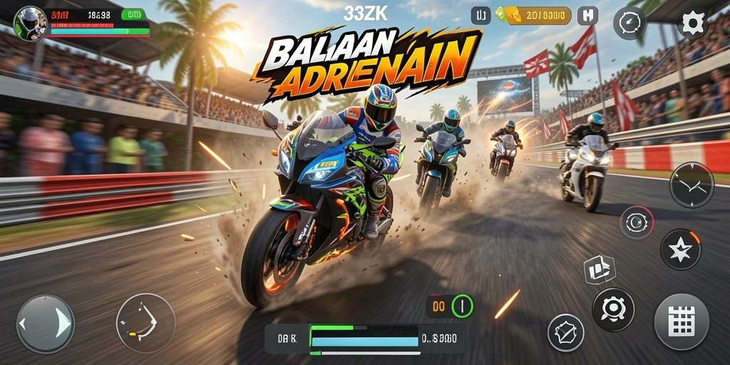 Tampilan gameplay seru dari 33ZK yang menampilkan balapan motor.