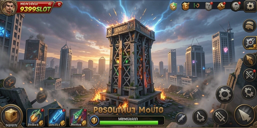 Tampilan gameplay menegangkan dari 9399SLOT dalam mode Tower Defense.
