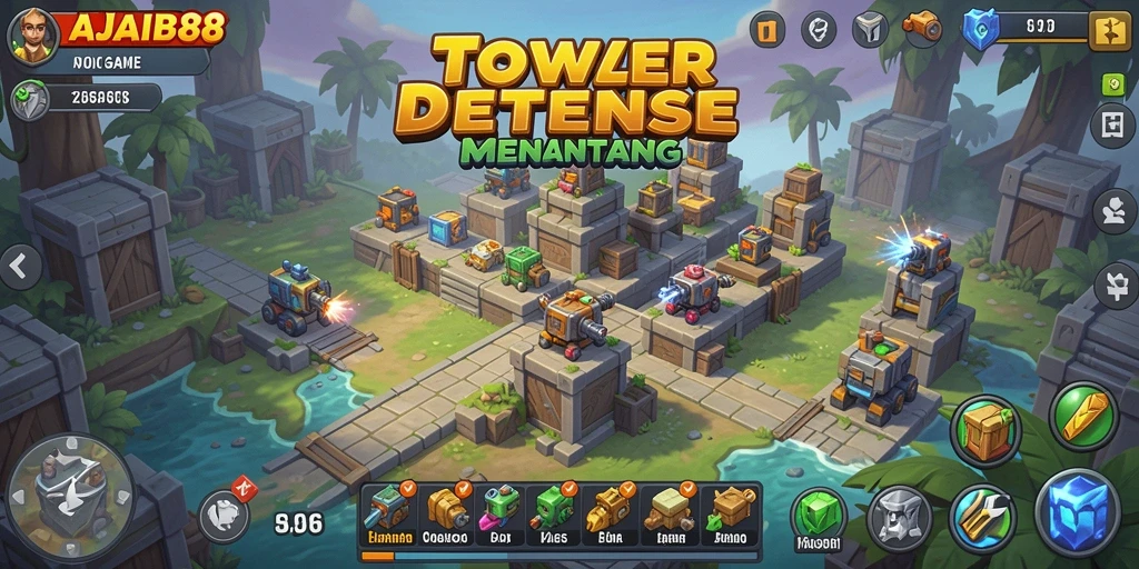 Tangkapan layar menampilkan aksi menara dalam game Tower Defense AJAIB88.