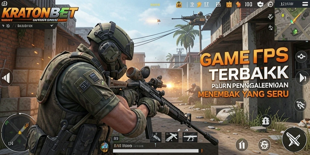Screenshot utama KRATONBET memperlihatkan aksi tembak-menembak yang intens.