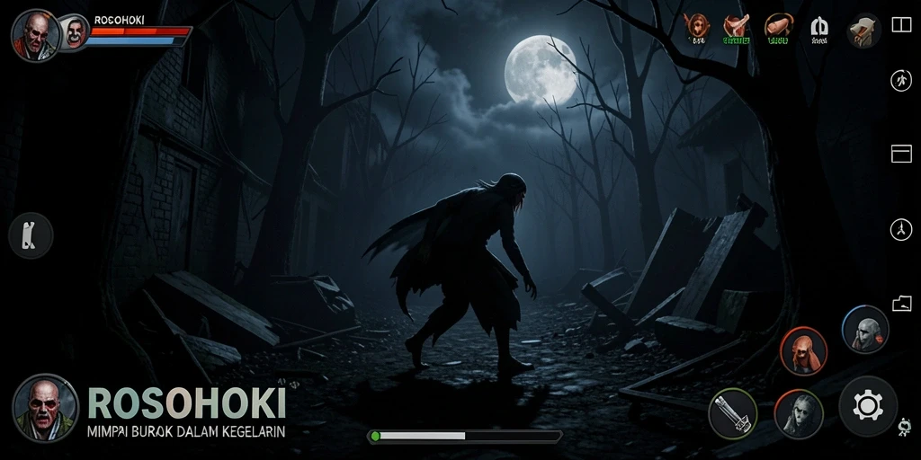 Screenshot menampilkan gameplay yang menegangkan dalam suasana kegelapan.