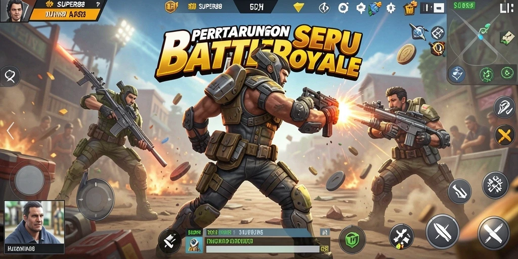 Screenshot gameplay SUPER88 menampilkan aksi mendebarkan dalam pertempuran Battle Royale.